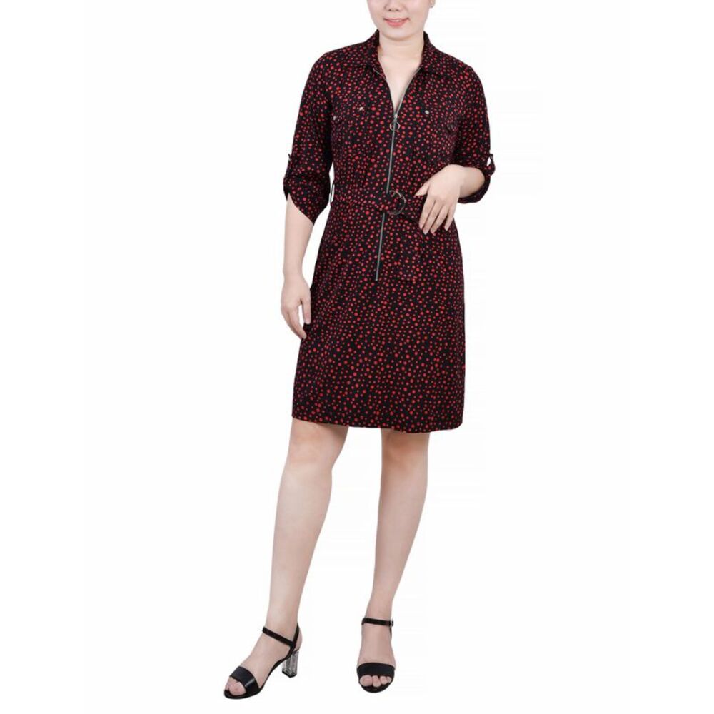 NY Collection Petite Belted Roll Tab Zip Front Shirtdress